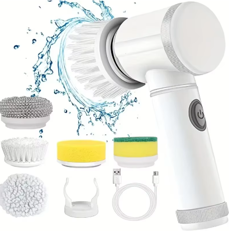 Purificador Elétrico Giratório sem Fio - Escova de Limpeza com 5 Cabeças Substituíveis
