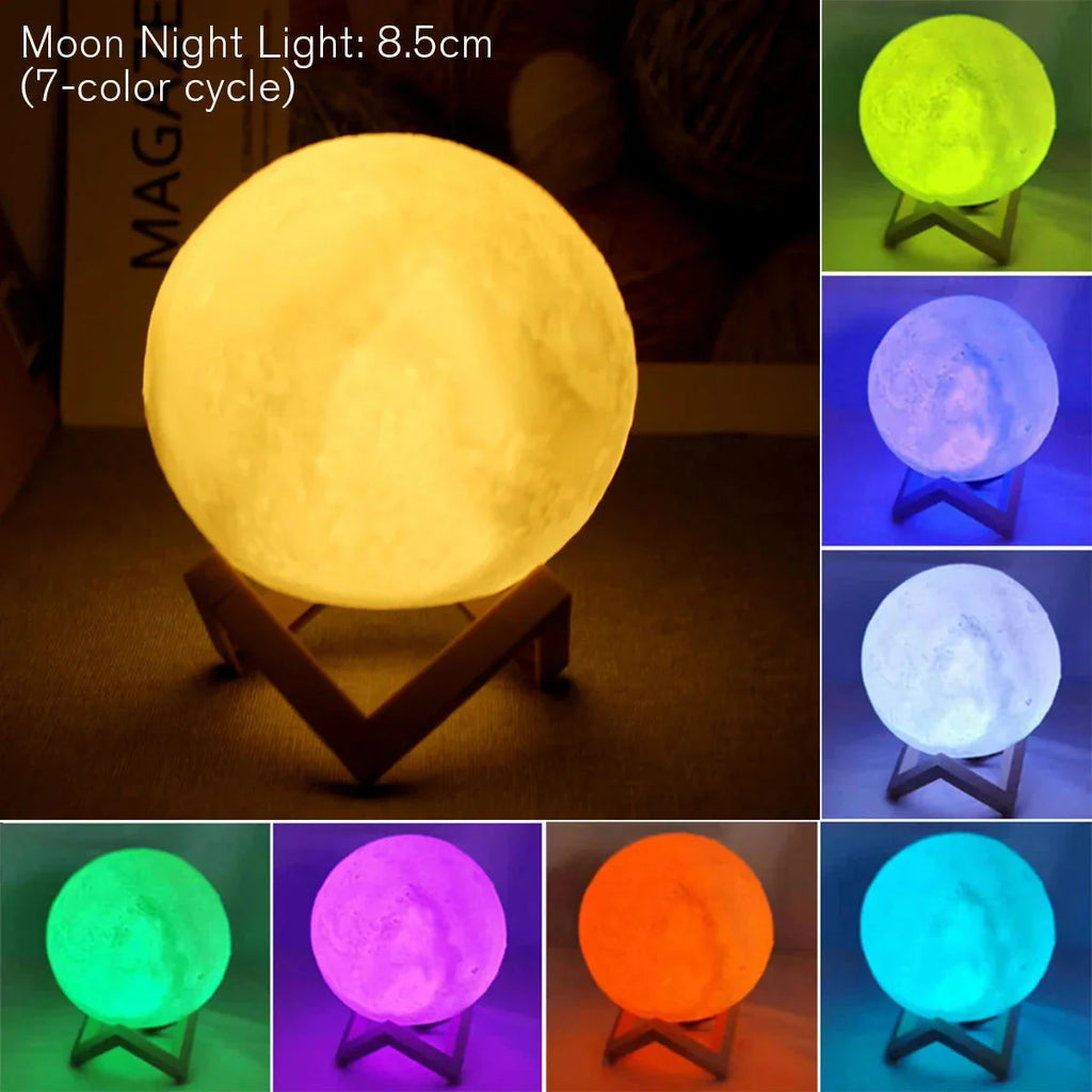 Luminária de Lua Estrelada D5 8cm com 7 cores LED, luz suave para decoração de ambientes.