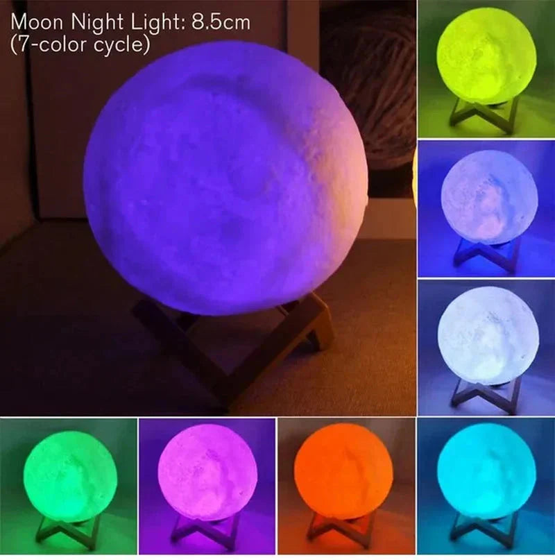 Luminária de Lua Estrelada em formato de lua, luz noturna LED com 7 cores, 8.5cm, ideal para decoração e relaxamento.